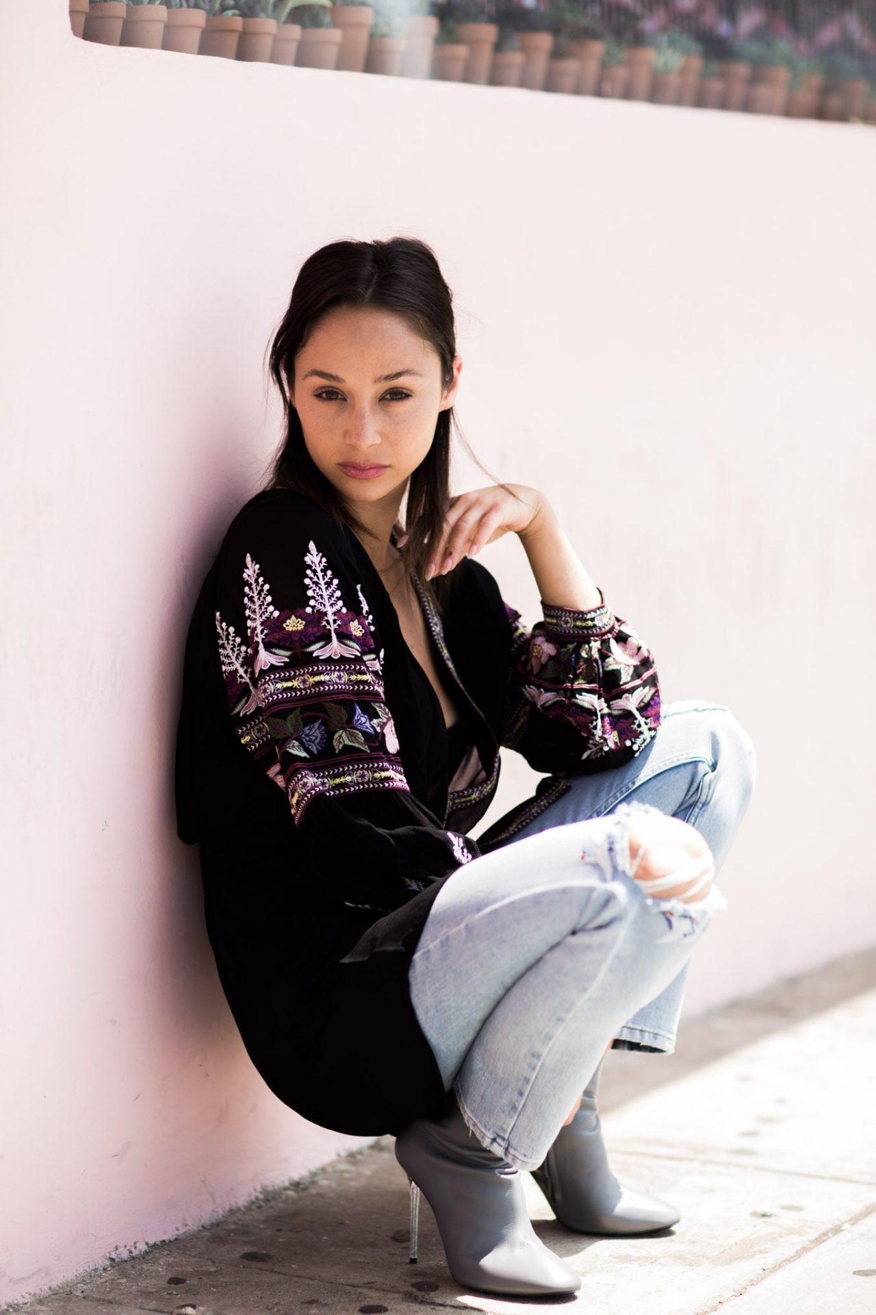 Cara Santana Wears Topshop Embroidered Straight Jeans 4